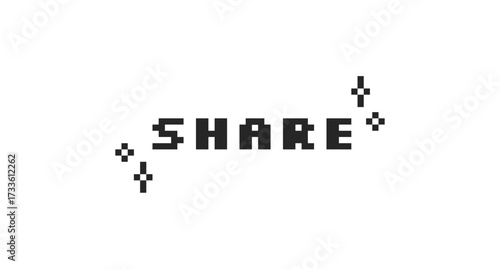 Share black pixel art social media button word. Online interaction. Web sharing. User communication. Content advertising. 16 bit videogame text. Nostalgic internet typography. Silkscreen font used