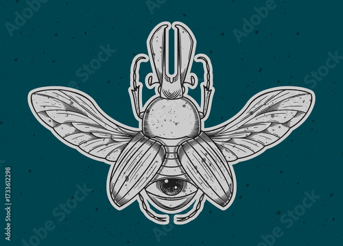 Hand Drawn Illustration of Winged scarab beetle symmetrical