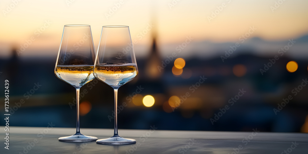 Obraz premium Romantic sunset toast with sparkling wine on rooftop