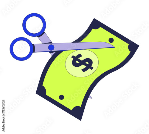 Scissors cutting dollar bill 2D cartoon object. Budget cut. Financial reduction. Economic decision. USA banknote. Money trim isolated element flat vector clip art on white. Spot illustration