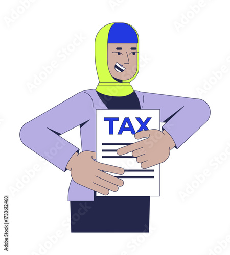 Smiling muslim hijab woman pointing at tax form 2D cartoon character. Cheerful taxpayer in headscarf reminds about taxation submission flat vector person isolated on white. Spot illustration colorful