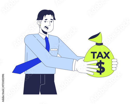 Worried asian business man holding tax money bag 2D cartoon character. Stressed entrepreneur. Korean corporate male taxpayer anxiety flat vector person isolated on white. Spot illustration colorful