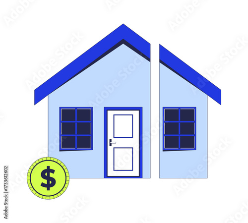Split house with dollar coin 2D cartoon object. Real estate value divided. Separate home financing. Property tax. Realty mortgage loan isolated element flat vector clip art on white. Spot illustration