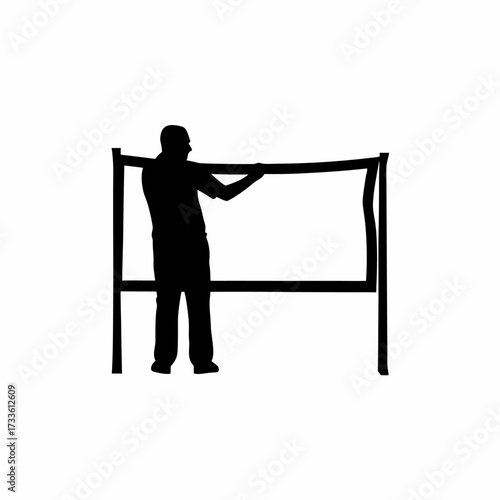 Silhouette of artisan unfolding banner for craft stall isolated on white background