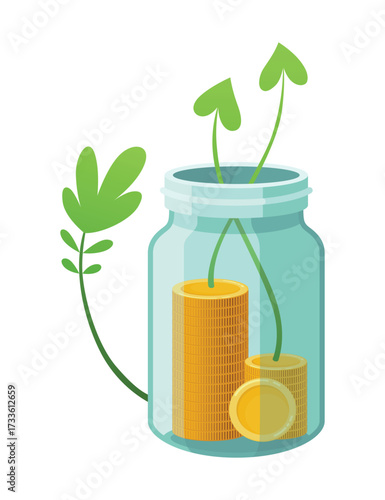 Investing bottle money, icon. Money growing concept, finance savings tree, finances investment. Money growing plant step with deposit coin in bank concept