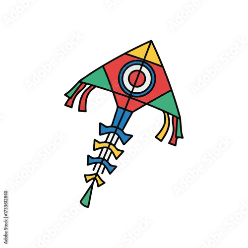 Colorful traditional Korean kite with geometric patterns and tassels against a clean white background.