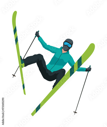 Skier, icon. Sportsman doing sport activity. People riding skis. Cartoon winter sport character, travel activity. Concept of vacation. Vector illustration isolated on white background