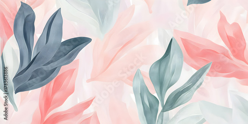 Delicate abstract botanical illustration featuring pastel-colored tropical leaves in shades of coral, mint, and blue on a light background