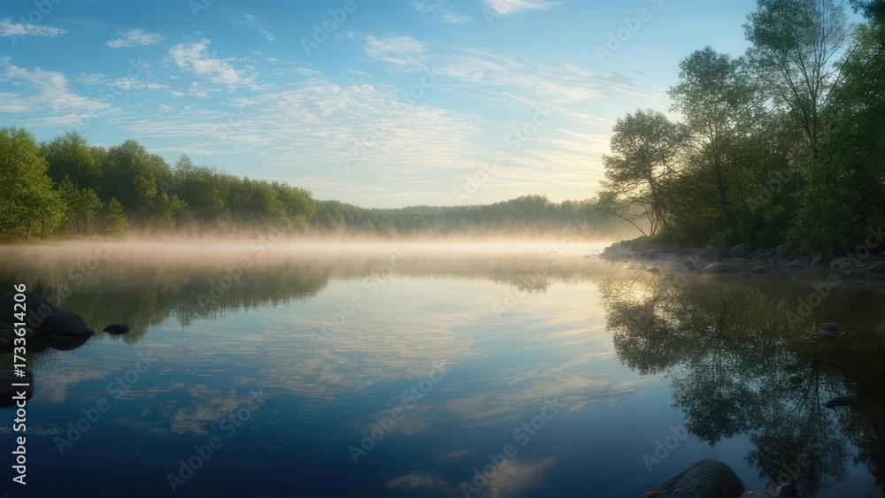 Obraz premium Lake reflection with morning mist and trees