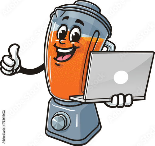 Blender mascot cartoon holding a laptop