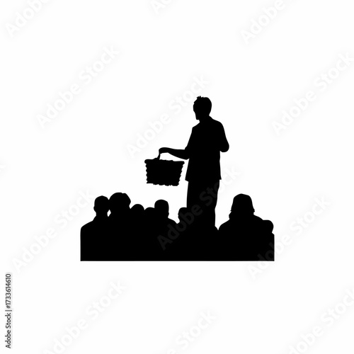 Silhouette of artisan weaving basket in front of audience isolated on white background