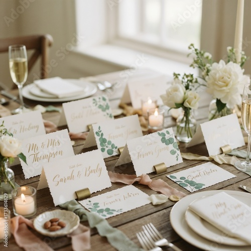 Elegant wedding table setting with name cards and floral decor  
