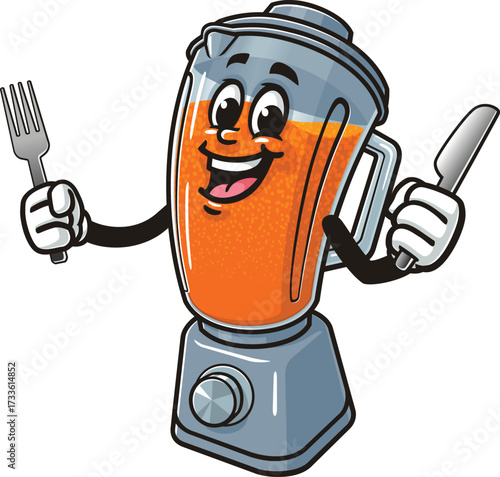 Blender mascot cartoon holding a fork and knife