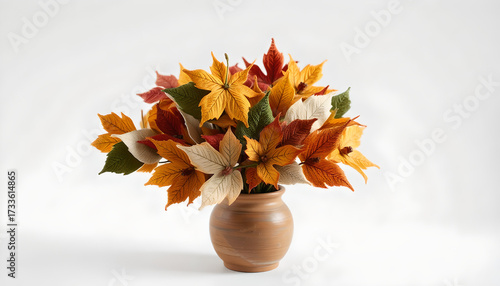 Autumn leaves bouquet in a clay vase on a white background  