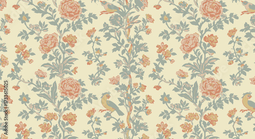 Elegant floral pattern with birds, timeless design for wallpapers and fabrics