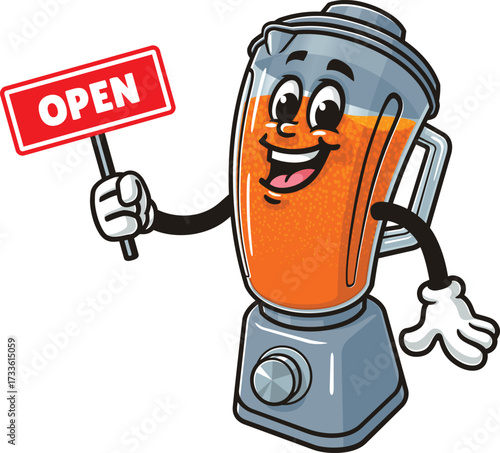 Blender mascot cartoon holding an open sign