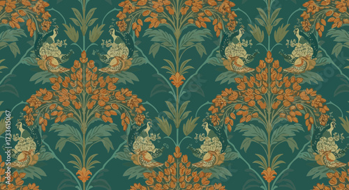 Elegant peacock and botanical pattern in damask style on teal background