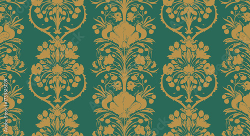 Elegant vintage floral pattern with birds, in gold and turquoise colors