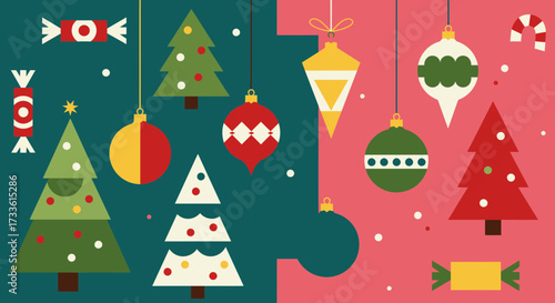 Festive holiday season vector art featuring christmas trees and ornaments