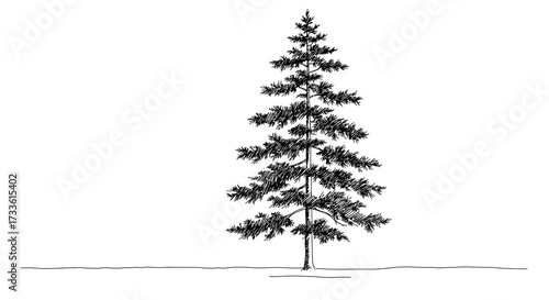 Hand-drawn illustration of a coniferous tree on a white background, nature art