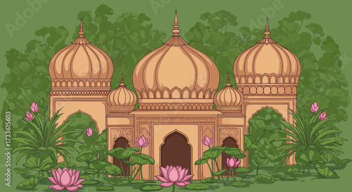 Illustration featuring a serene temple complex adorned with lotus flowers in a garden