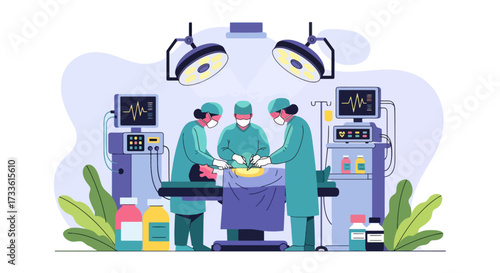 Flat style illustration of surgeons performing operation in modern operating room with surgical lights and monitoring equipment, representing surgery, healthcare, teamwork, and medical innovation
