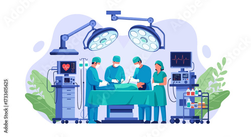 Flat style illustration of surgeons performing operation in modern operating room with surgical lights and monitoring equipment, representing surgery, healthcare, teamwork, and medical innovation