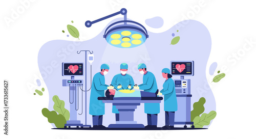 Flat style illustration of surgeons performing operation in modern operating room with surgical lights and monitoring equipment, representing surgery, healthcare, teamwork, and medical innovation