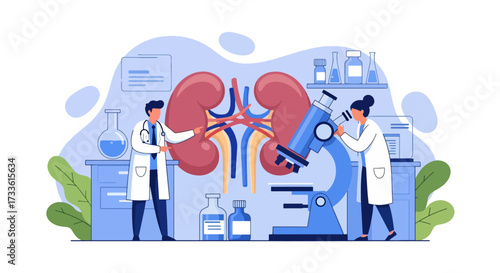 Flat style illustration of doctors studying human kidney with microscope and lab equipment, symbolizing nephrology, kidney health research, medical science, and disease prevention
