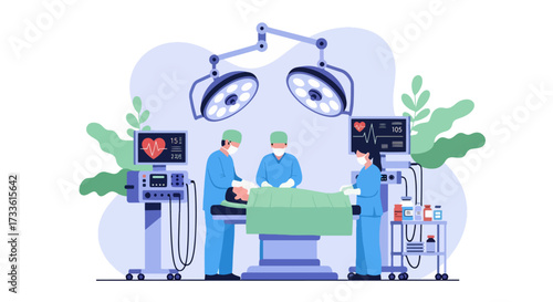 Flat style illustration of surgeons performing operation in modern operating room with surgical lights and monitoring equipment, representing surgery, healthcare, teamwork, and medical innovation