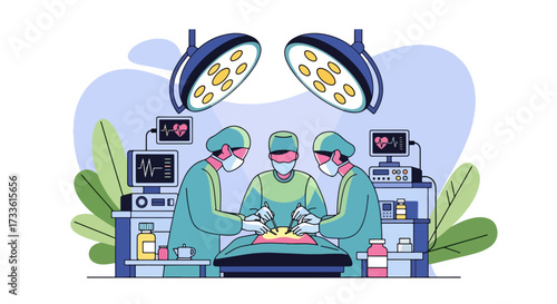 Flat style illustration of surgeons performing operation in modern operating room with surgical lights and monitoring equipment, representing surgery, healthcare, teamwork, and medical innovation