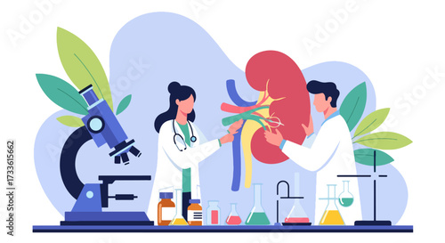 Flat style illustration of doctors studying human kidney with microscope and lab equipment, symbolizing nephrology, kidney health research, medical science, and disease prevention
