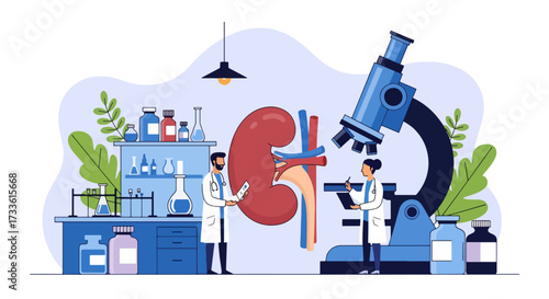 Flat style illustration of doctors studying human kidney with microscope and lab equipment, symbolizing nephrology, kidney health research, medical science, and disease prevention