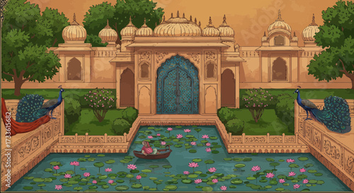 Majestic indian palace scenery with lotus pond, peacocks and boating person