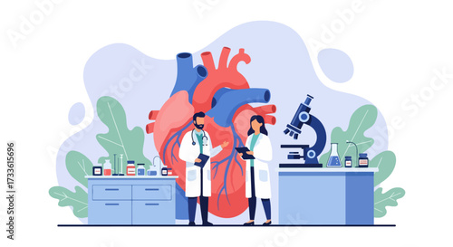 Flat style illustration of doctors analyzing human heart with microscope and lab equipment, representing cardiology, heart health research, medical science, and disease prevention