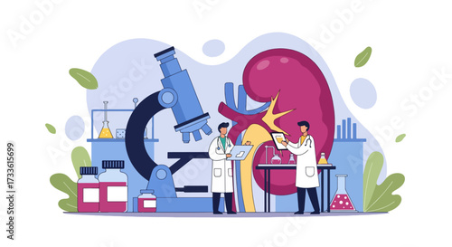 Flat style illustration of doctors studying human kidney with microscope and lab equipment, symbolizing nephrology, kidney health research, medical science, and disease prevention