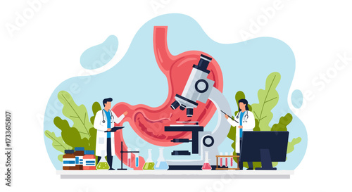Flat style illustration of doctors examining human stomach with microscope and lab equipment, representing gastroenterology, digestive health research, medical science, and disease prevention