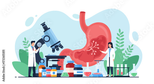Flat style illustration of doctors examining human stomach with microscope and lab equipment, representing gastroenterology, digestive health research, medical science, and disease prevention