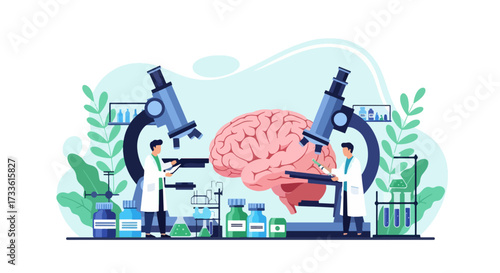 Flat style illustration of doctors studying the human brain with microscope and lab equipment, representing neuroscience, mental health research, innovation, and medical science
