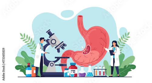 Flat style illustration of doctors examining human stomach with microscope and lab equipment, representing gastroenterology, digestive health research, medical science, and disease prevention