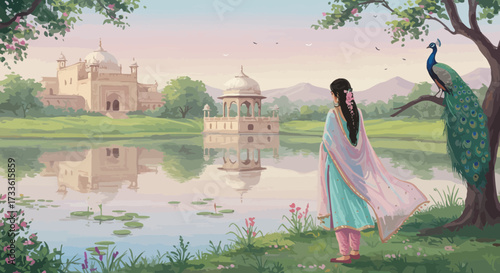 Peaceful scene featuring a woman by a tranquil lake with a palace in the distance