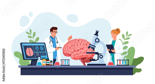 Flat style illustration of doctors studying the human brain with microscope and lab equipment, representing neuroscience, mental health research, innovation, and medical science