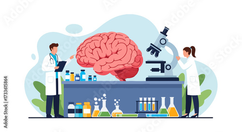 Flat style illustration of doctors studying the human brain with microscope and lab equipment, representing neuroscience, mental health research, innovation, and medical science