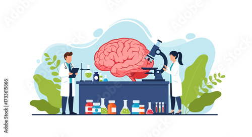 Flat style illustration of doctors studying the human brain with microscope and lab equipment, representing neuroscience, mental health research, innovation, and medical science