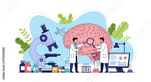 Flat style illustration of doctors studying the human brain with microscope and lab equipment, representing neuroscience, mental health research, innovation, and medical science