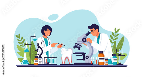 Flat style illustration of dentists and researchers analyzing a tooth with microscope and lab equipment, representing dental health, oral care research, and modern medical science