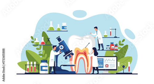 Flat style illustration of dentists and researchers analyzing a tooth with microscope and lab equipment, representing dental health, oral care research, and modern medical science