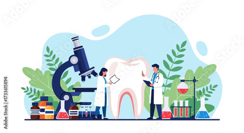 Flat style illustration of dentists and researchers analyzing a tooth with microscope and lab equipment, representing dental health, oral care research, and modern medical science