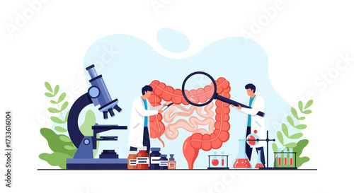 Flat style illustration of doctors studying human intestines with magnifying glass, microscope, and lab equipment, symbolizing digestive health research, medicine, and medical science