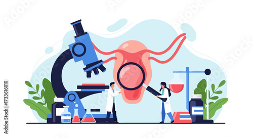 Flat style illustration of doctors examining female reproductive system with magnifying glass and microscope, representing gynecology, fertility research, women’s health, and medical science